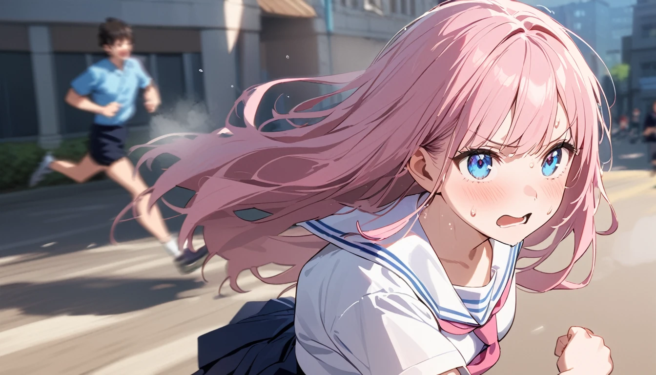 (1 girl),(Best Picture Quality, 8K, Masterpiece:1.3), (high school student:1.5), (pink lob hair), (bumpy hair), (slant skyblue eyes), ((school uniform, white short simple sleeve shirt, darkblue skirt, pink tie)), (super clear:1.5), (glistening skin:1.1),(pale skin:1.1), (looking ahead:1.3), ((from side:1.3)),(running through the beautiful scenery of the city alleys in the morning), (running:1.3),(panicking),(sweat:1.3),(steam:1.2),((extreme close up face))