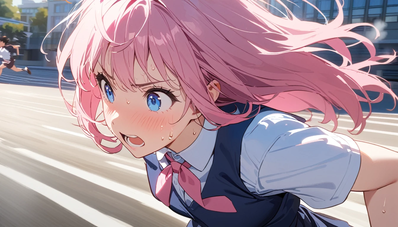 (1 girl),(Best Picture Quality, 8K, Masterpiece:1.3), (high school student:1.5), (pink lob hair), (bumpy hair), (slant skyblue eyes), ((school uniform, white short simple sleeve shirt, darkblue skirt, pink tie)), (super clear:1.5), (glistening skin:1.1),(pale skin:1.1), (looking ahead:1.3), ((from side:1.3)),(running through the beautiful scenery of the city alleys in the morning), (running:1.3),(panicking),(sweat:1.3),(steam:1.2),((extreme close up face))