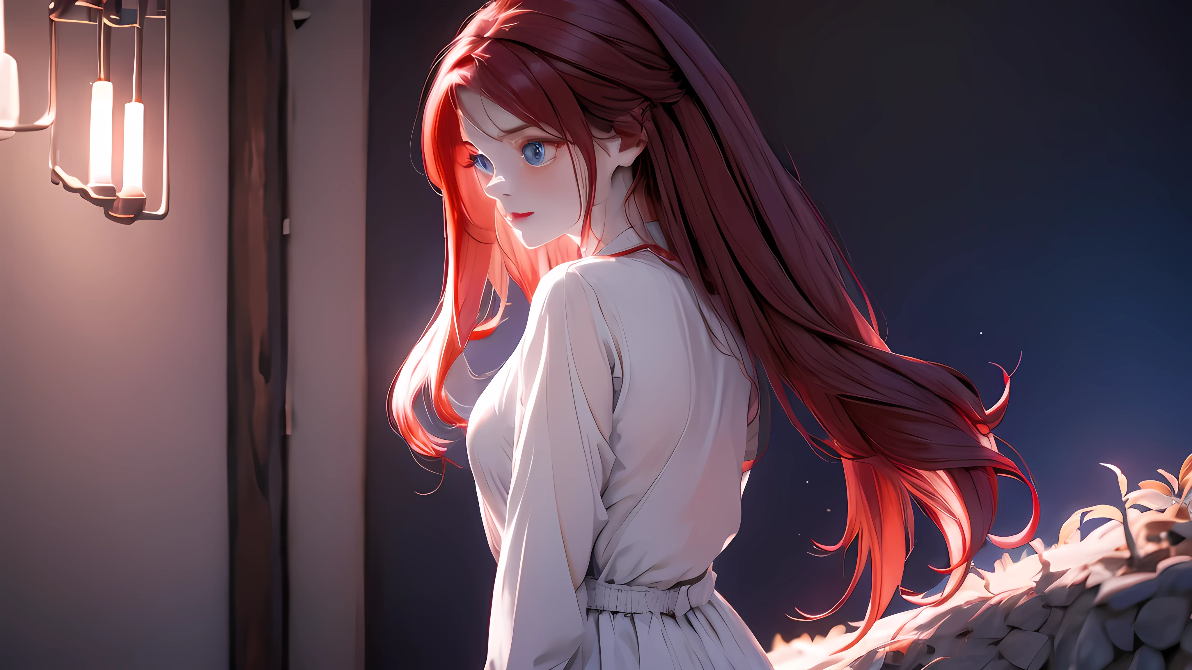 1 Girl , Girl medium light Red hair, light blue eyes, wearing black suit 4D, night town , 18+ , high res, ultrasharp, 8K, masterpiece, looking from behind