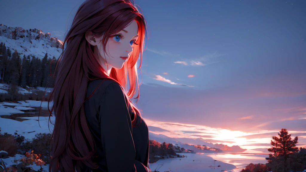 1 Girl , Girl medium light Red hair, light blue eyes, wearing black suit 4D, night town , 18+ , high res, ultrasharp, 8K, masterpiece, looking from behind