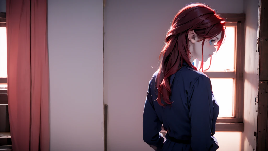1 Girl , Girl medium light Red hair, light blue eyes, wearing black suit 4D, night town , 18+ , high res, ultrasharp, 8K, masterpiece, looking from behind