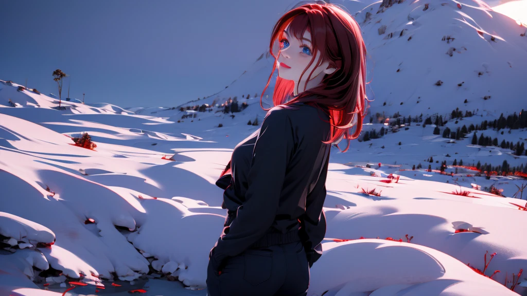 1 Girl , Girl medium light Red hair, light blue eyes, wearing black suit 4D, night town , 18+ , high res, ultrasharp, 8K, masterpiece, looking from behind