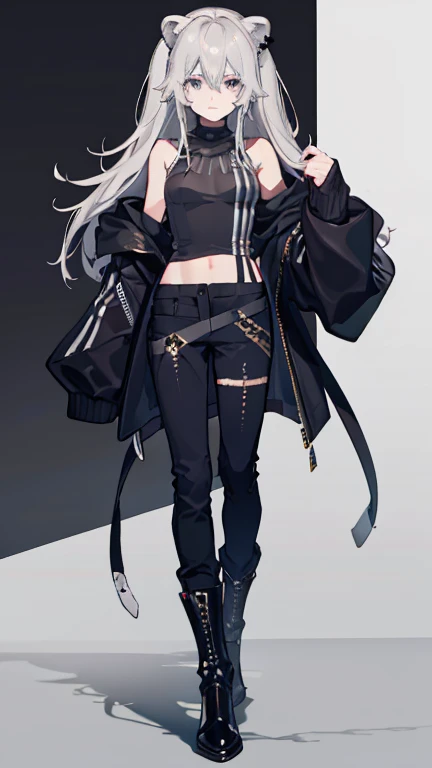 masterpiece, Facial details, Very detailed, 8K, Modern Style, ((One young man)), woman, Black jacket, Black trousers, black boots, White Background, joy, lion ears, gray hear, sleeves past wrists, grey eyes, full body,