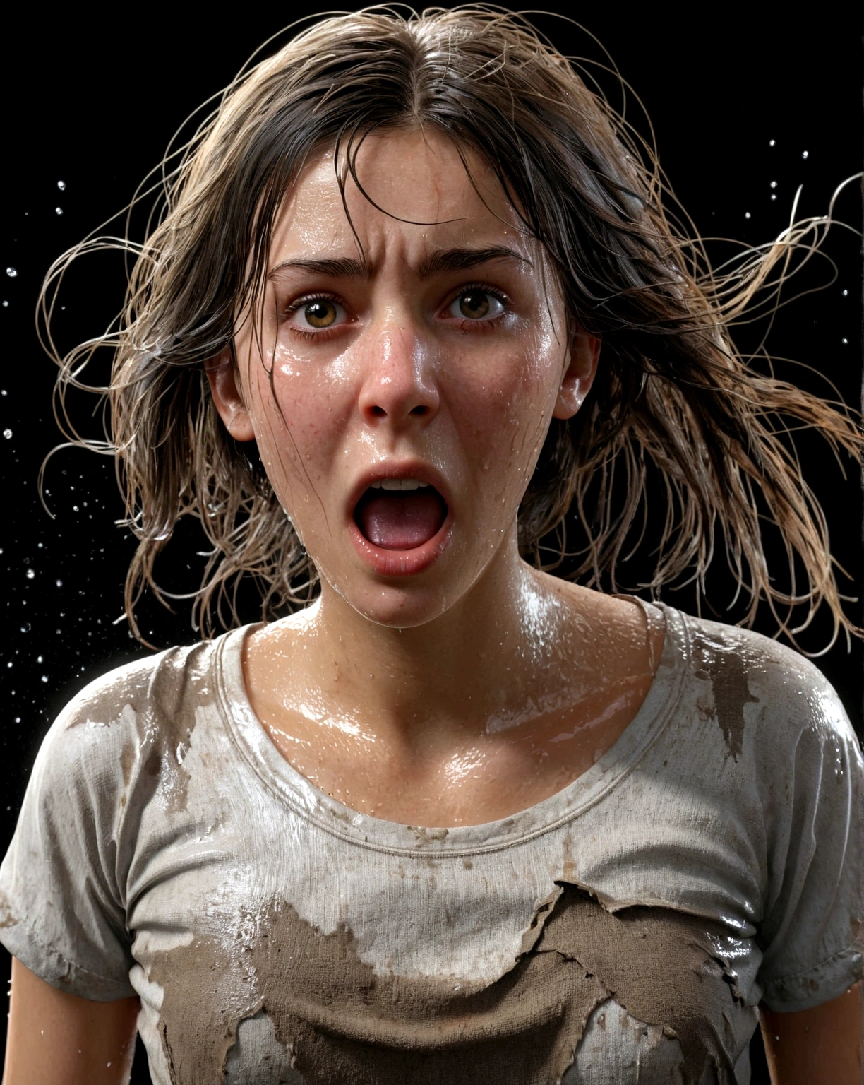 A girl, old ragged clothes (torn clothes 1.5), splashed water on her body (wet shirt 1.8), shocked face, hyper realistic, unreal engine, ultra detailed, perfect face, HD, photo art