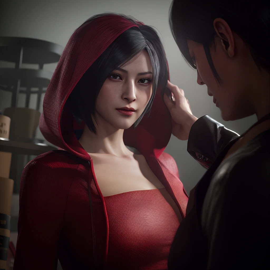 Ada Wong, beautiful face, detailed, bob hair, perfect Face, wearing red dress, black nail polish, friendly face, glare, shy.
Peter Parker, handsome face, detailed, brown hair, blue eyes, perfect face, wearing a black suit, friendly face, glare.