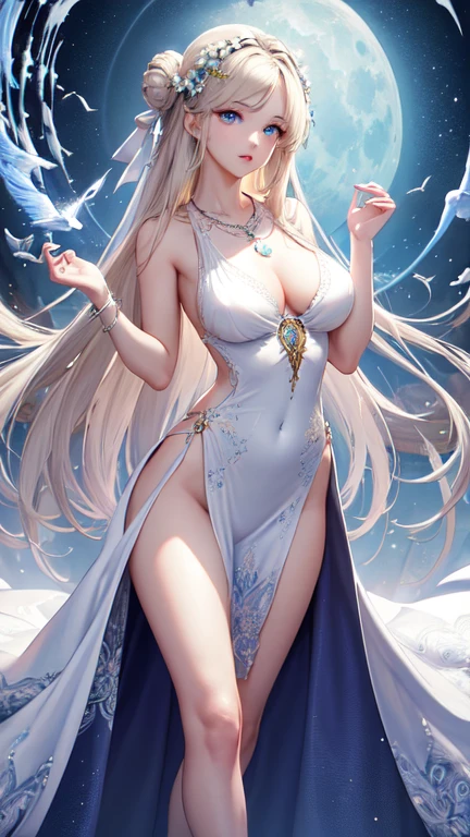 (masterpiece,Highest quality,High resolution,Super detailed,8K),woman,alone,,Official artwork,Greek Goddess,,whole body,Facing forward,Ample breasts,Beautiful valley,Silver blonde hair,,Medium Long、Hair is bunched back,(Beautiful Face,Beautiful Eyes,Blue Eyes,Beautiful nose,Beautiful lips),A look of kindness and compassion,Slender beauty,Looking at this,flower,bird,moon,jewelry,necklace,,White Dress,Sleeveless,Holding,Ancient images,Detailed configuration,background,,(Fractal Art:1.2),
 