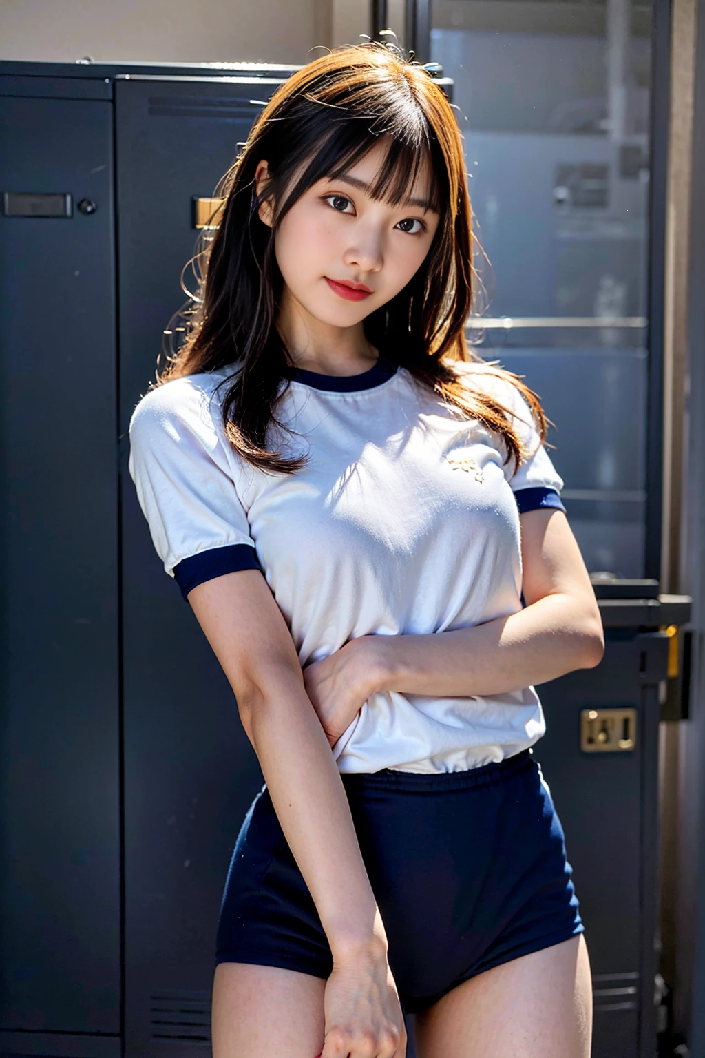 masterpiece, ultra high res, (photorealistic:1.4), 8k, RAW photo, best quality, detailed shadow, sharp focus, bloom, (bokeh:1.3), (blue Hour Light:1.6), (dynamic pose:1.4), (cowboy shot:1.3),
BREAK
1girl, (small breast:1.5), (round face:1.5), (light pink hair:1.3), (long hair:1.3), (wavy hair:1), (bangs:1.5), (fair skin:1.5), (transparent skin:1.5), (narrow weist:1.8), wide forehead, (skinny:1.2), ((towering:1.8)), (towering:1.5), (18 years old:1.5), (detailed and structured patterns:1.5), (tight Japanese Gym Uniform:1.6), (tight black buruma:1.6), ( tight buruma:1.6)(Futuristic locker room:1.4), (locker room:1.4),round breasts