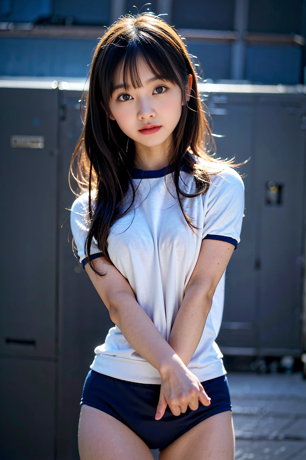 masterpiece, ultra high res, (photorealistic:1.4), 8k, RAW photo, best quality, detailed shadow, sharp focus, bloom, (bokeh:1.3), (blue Hour Light:1.6), (dynamic pose:1.4), (cowboy shot:1.3),
BREAK
1girl, (small :1.5), (round face:1.5), (light pink hair:1.3), (long hair:1.3), (wavy hair:1), (bangs:1.5), (fair skin:1.5), (transparent skin:1.5), (narrow weist:1.8), wide forehead, (skinny:1.2), ((towering:1.8)), (towering:1.5), (18 years old:1.5), (detailed and structured patterns:1.5), (tight Japanese Gym Uniform:1.6), (tight black buruma:1.6), ( tight buruma:1.6)(Futuristic locker room:1.4), (locker room:1.4),round breast