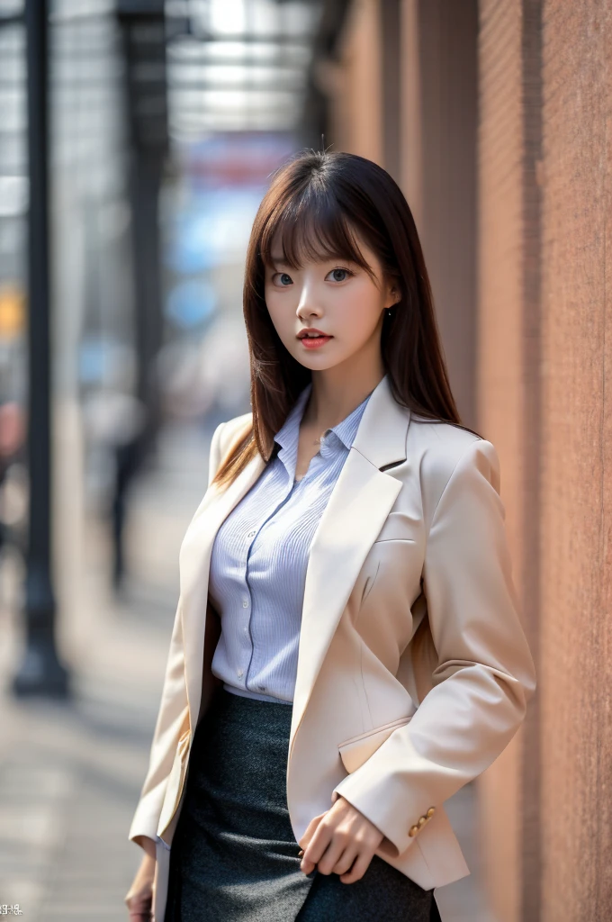 the most beautiful actress in the world, she is 18 years old, the perfect body proportions of this girl, her exposed bare skin is only the lower than her waist, the blazer is firmly worn on the formal shirt which is covering her large breasts, it's too difficult for the short skirt to cover the panties because it's too short, her bare thighs, the lower than her knees are out of this picture, her covered bare skin is only the upper than her waist, blazer is firmly closed and covering her navel, only one description of this picture, at city street, standing, nsfw, best quality, highly detailed, masterpiece, ultra high res, photo realistic, 8k