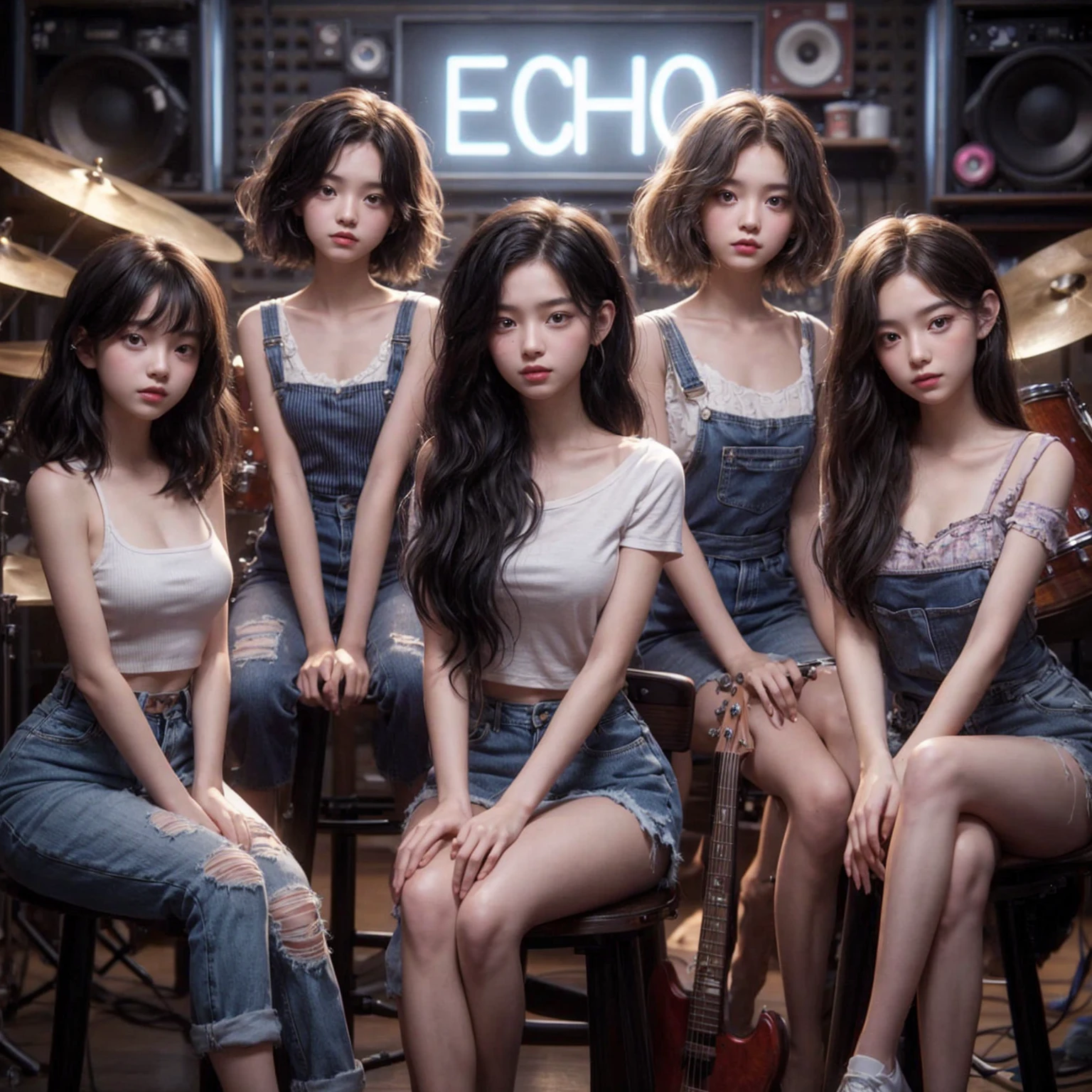 **Photo of 5 beautiful girls, aged 18 to 20, sitting:**
- **3 girls with messy black hair**
- **1 girl with wavy bob black hair**
- **1 girl with a black ponytail**
One girl is playing the drums, one girl is playing the piano, one girl is playing the bass guitar, one girl is playing the guitar, and one girl is singing. They are sitting behind a board with the word "ECHO" written on it. The background is a music studio, complete with drums, guitars, bass guitar, and piano. The image is ultra HD, 4k, photorealistic, raw, and a masterpiece.