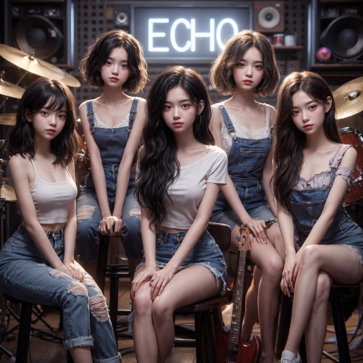 **Photo of 5 beautiful girls, aged 18 to 20, sitting:**
- **3 girls with messy black hair**
- **1 girl with wavy bob black hair**
- **1 girl with a black ponytail**
One girl is playing the drums, one girl is playing the piano, one girl is playing the bass guitar, one girl is playing the guitar, and one girl is singing. They are sitting behind a board with the word "ECHO" written on it. The background is a music studio, complete with drums, guitars, bass guitar, and piano. The image is ultra HD, 4k, photorealistic, raw, and a masterpiece.
