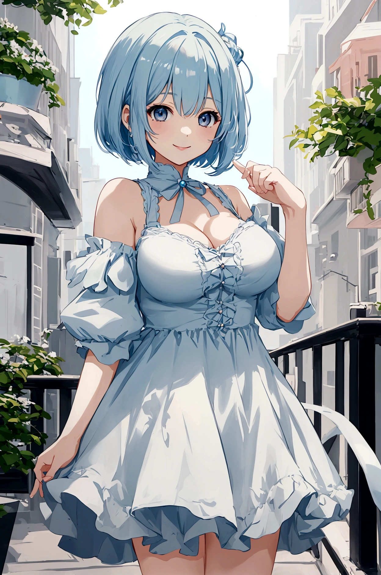 Highest quality、High resolution、masterpiece、Cute anime-style illustrations、One image、One Woman、Light blue hair、Short Bob、Grey Eyes、White Cami Dress、Big Breasts、Stylish older sister、smile、city
