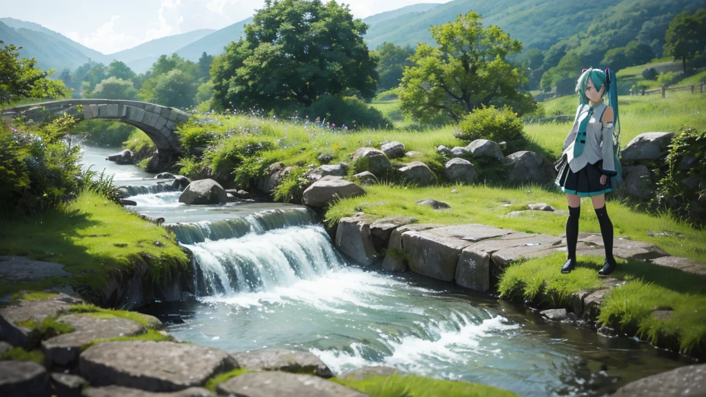 Hatsune Miku wearing an Irish dress、Illustration of a man gazing into the distance against a misty, lush landscape。A stream and an old stone bridge are depicted.、It expresses a quiet and nostalgic atmosphere.。