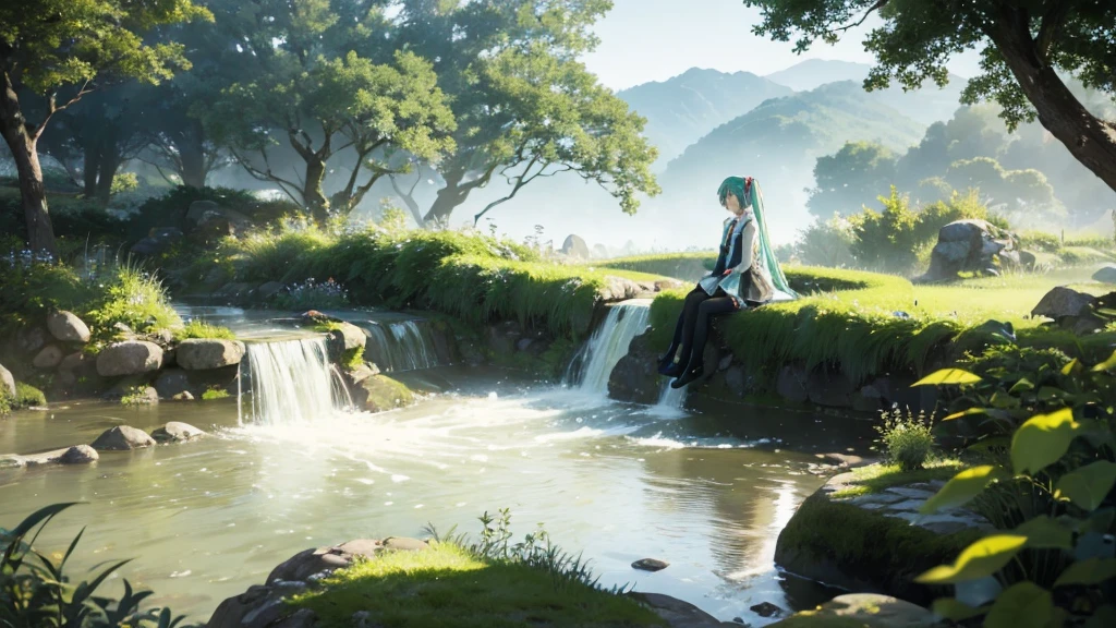 Hatsune Miku wearing an Irish dress、Illustration of a man gazing into the distance against a misty, lush landscape。A stream and an old stone bridge are depicted.、It expresses a quiet and nostalgic atmosphere.。