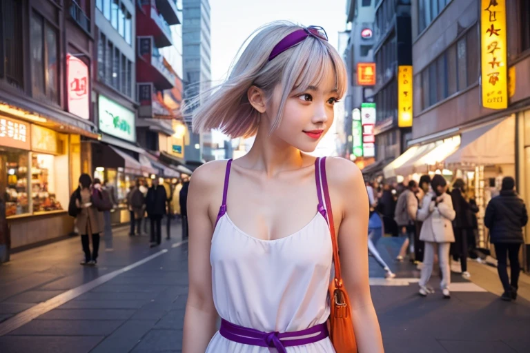 high resolution,high quality,Perfect body,Bustling city,Bright city,One Boy,男の娘,Walking,Cute face,Women,one piece,クリーム色のone piece,Silver Hair,Ribbon in hair,Light purple ribbon,Red Eyes,Orange lips,Happy expression,(upper body:1.5)