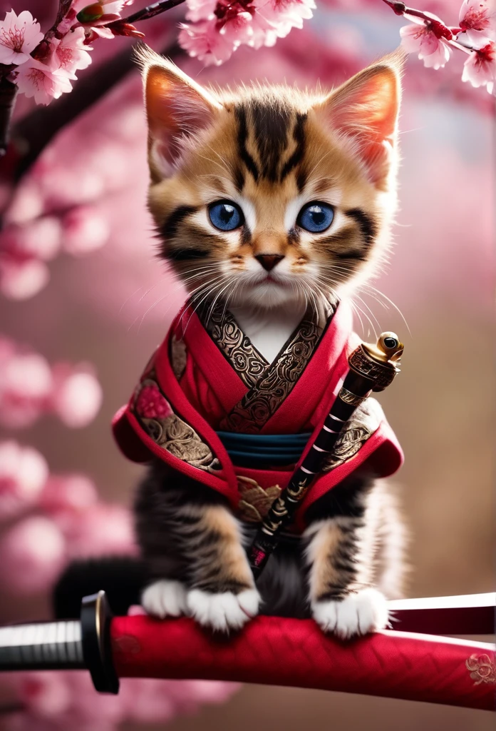 Amazing detailed photography of a cute adorable samurai kitten holding Katana with 2 paws, Cherry Blossom Tree petals floating in air, high resolution, piercing eyes,lifelike fur, Anti-Aliasing, FXAA, De-Noise, Post-Production, SFX, insanely detailed & intricate, hypermaximalist, elegant, ornate, hyper realistic, super detailed, noir coloration, serene, 16k resolution, full body,