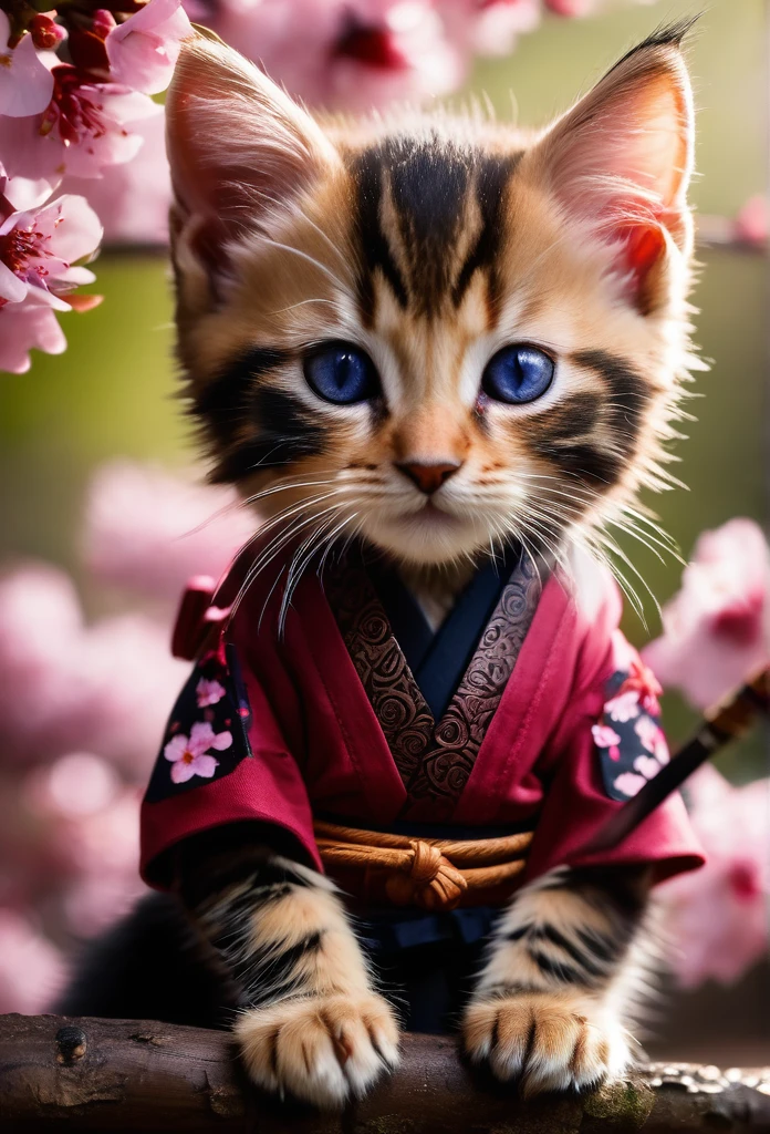 Amazing detailed photography of a cute adorable samurai kitten holding Katana with 2 paws, Cherry Blossom Tree petals floating in air, high resolution, piercing eyes,lifelike fur, Anti-Aliasing, FXAA, De-Noise, Post-Production, SFX, insanely detailed & intricate, hypermaximalist, elegant, ornate, hyper realistic, super detailed, noir coloration, serene, 16k resolution, full body,