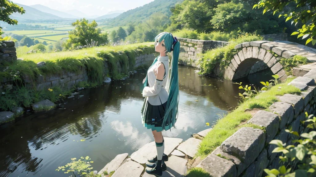 Hatsune Miku wearing an Irish dress、Illustration of a man gazing into the distance against a misty, lush landscape。A stream and an old stone bridge are depicted.、It expresses a quiet and nostalgic atmosphere.。