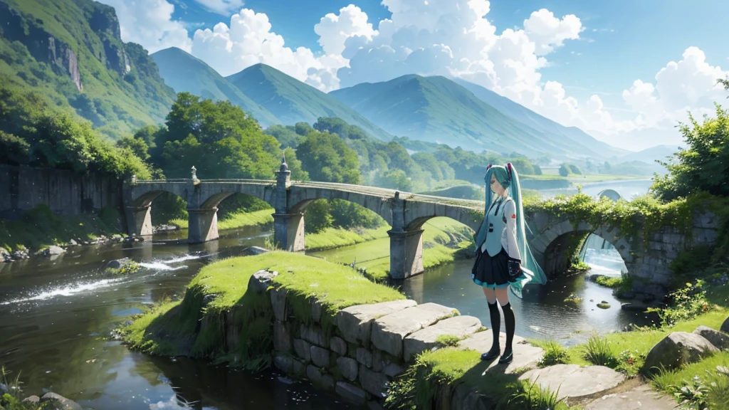 Hatsune Miku wearing an Irish dress、Illustration of a man gazing into the distance against a misty, lush landscape。A stream and an old stone bridge are depicted.、It expresses a quiet and nostalgic atmosphere.。