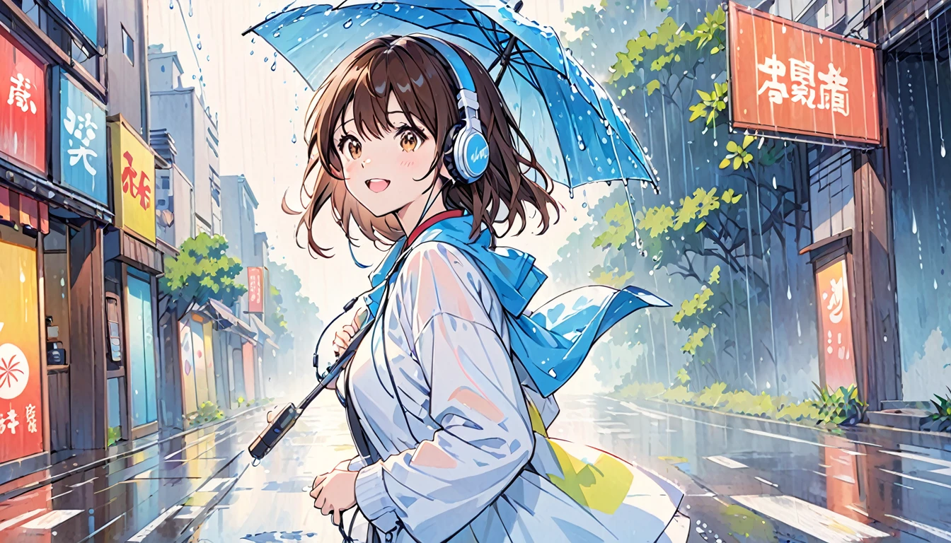 Girl wearing headphones,Brown Hair,One girl,The background is rain,fun,bright,Not wet