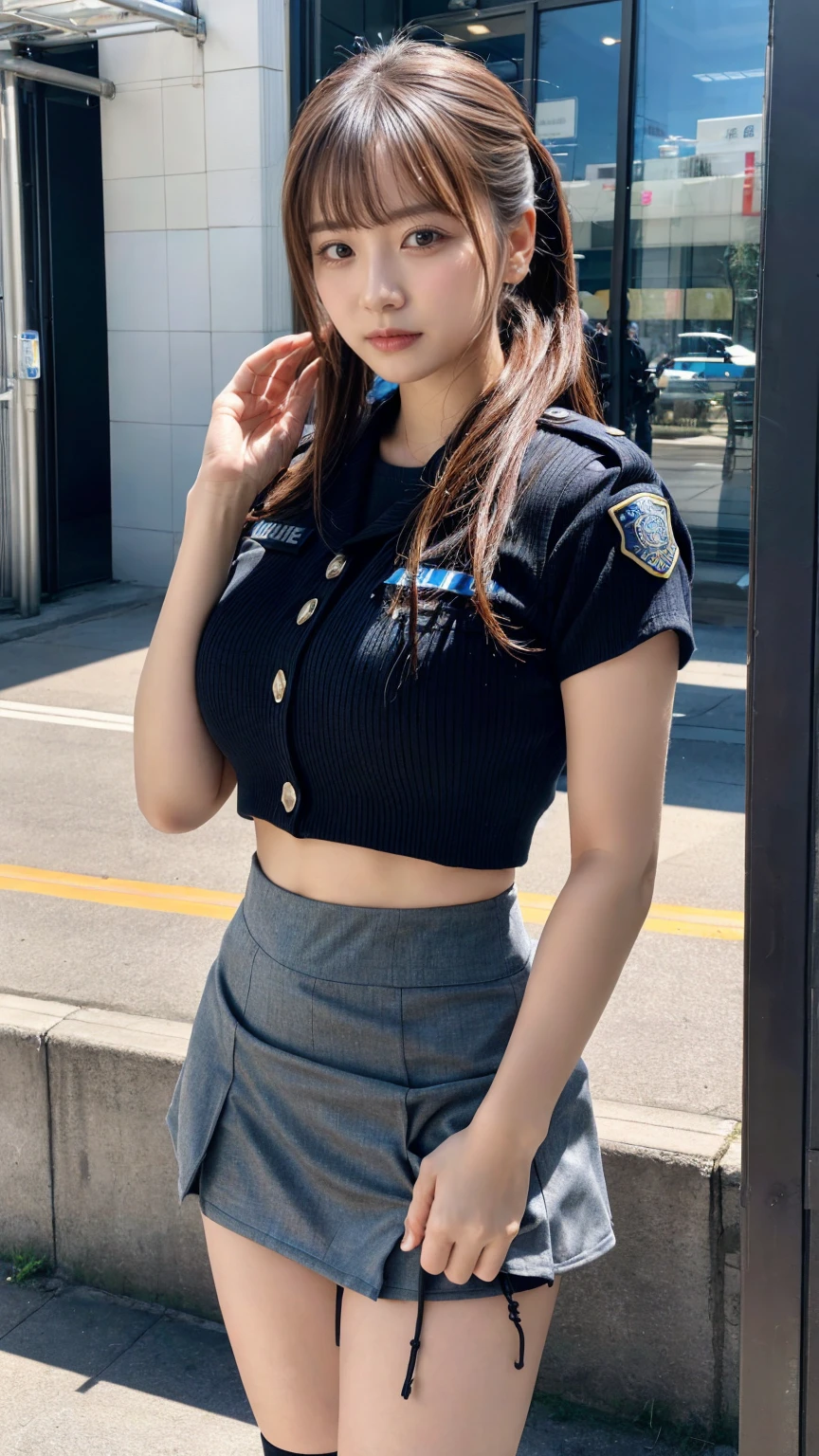 (8K, RAW Photos, Highest quality, masterpiece:1.3), (professional photography, full colors, studio-caliber color grading), (Gravure quality for high-end fashion magazines), close up, BREAK, (1 female police officer:1.5), 18 year old girl,(perfect long ponytail:1.1), crying a little, Harajuku style, Big Natural Color Lip, (Plumpy body:1.2), (smooth skin.1.1),  (huge breasts1.2), (expresses the roundness and softness of the chest area..1  BREAK (Tight uniform:1.3),(tight mini skirt:1.2