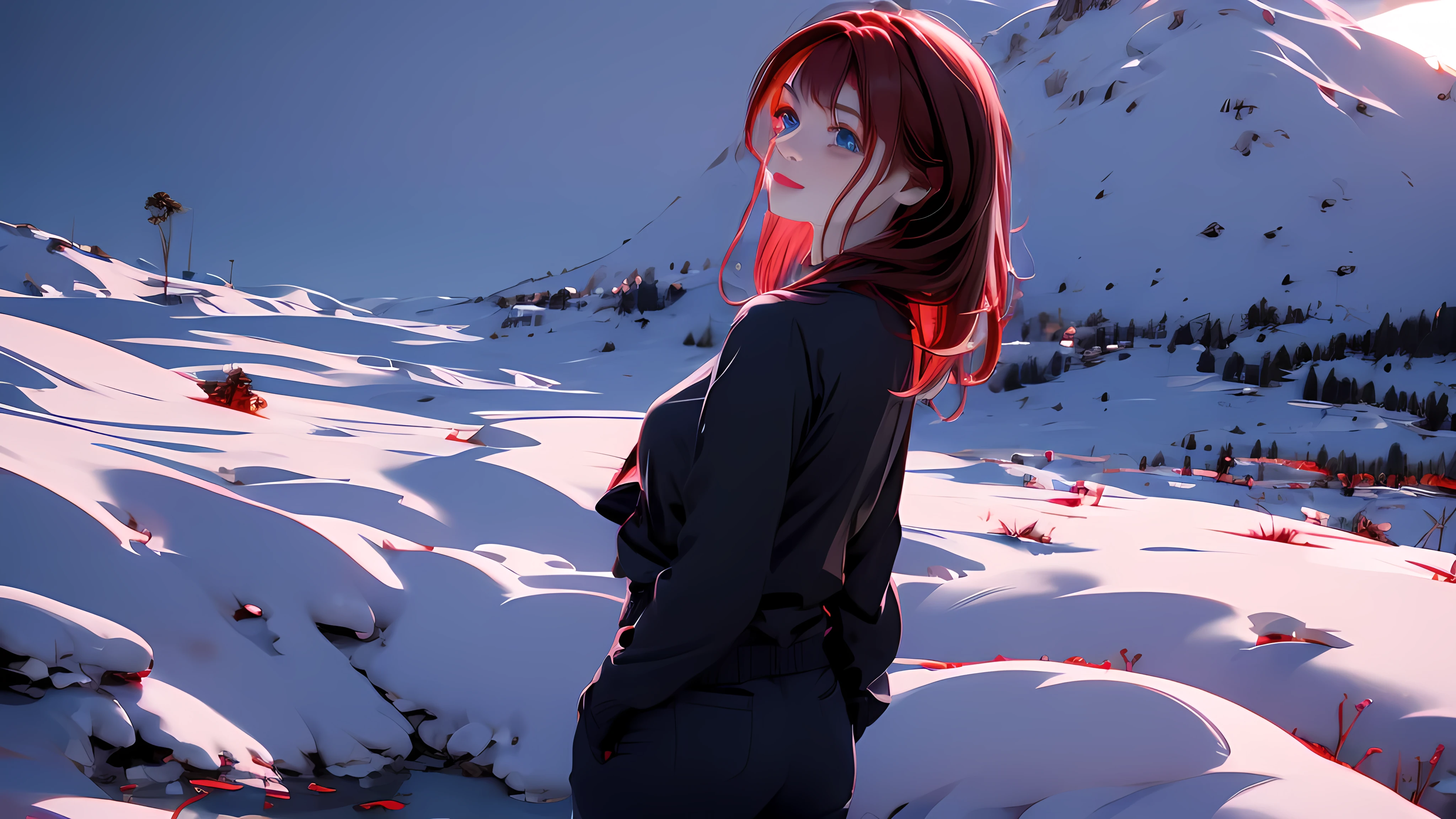 1 Girl , Girl medium light Red hair, light blue eyes, wearing black suit 4D, night town , 18+ , high res, ultrasharp, 8K, masterpiece, looking from behind