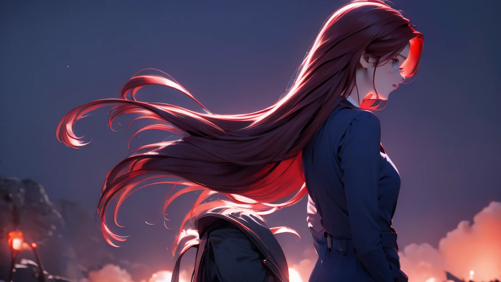 1 Girl , Girl medium light Red hair, light blue eyes, wearing black suit 4D, night town , 18+ , high res, ultrasharp, 8K, masterpiece, looking from behind