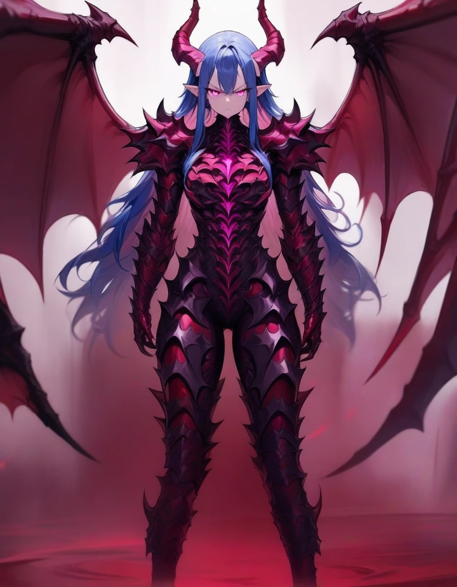 ((Best Quality)), ((Masterpiece)), (detailed), 1 girl, demonic armor,red and blue hair , bright pink eyes ,demonic horns, dragon wings , high , elegant , pointed ears , whole body , standing, serious expression , Alone , good body , strong , powerful