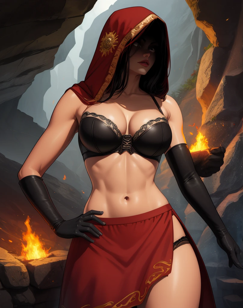 Dsorceress,shadowy face,dark cave,fire, hood, shadowed face,strapless bra, no , miniskirt, slim and athletic body, elbow gloves, dark skin, 1 girl (insanely detailed, masterpiece, best quality),