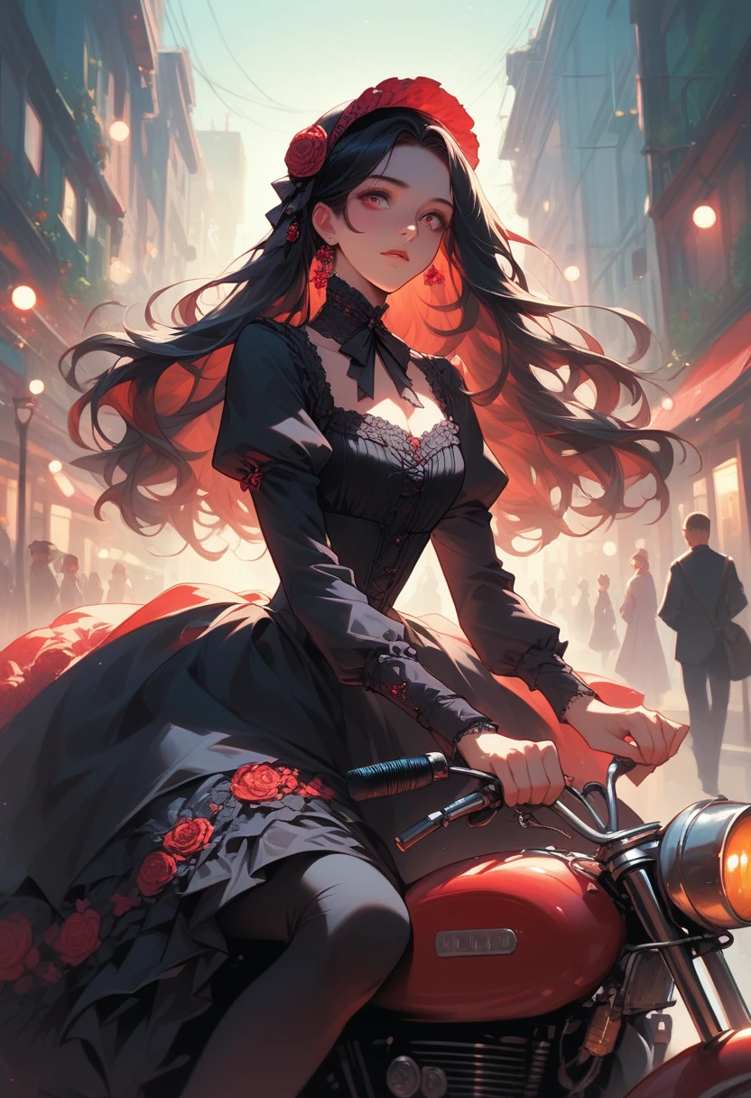 A Japanese girl with long black hair, dressed in Victorian fashion, riding a futuristic white superconducting motorbike with red LED lights along the coastline