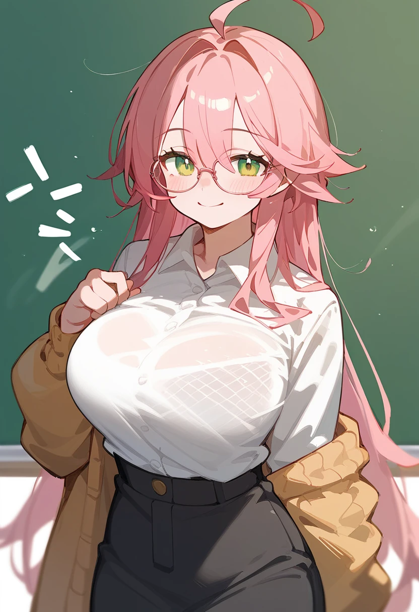 School Swimsuit、One Woman、private teacher、Big Breasts、Pink Hair、Long Hair、Straight Hair、Ahoge、Kind older sister、Pink small glasses、Green Eyes、smile、Droopy eyeature