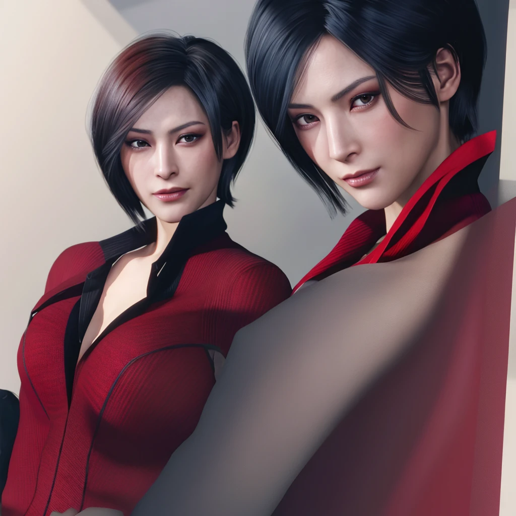 Ada Wong, beautiful face, detailed, bob hair, perfect Face, wearing red dress, black nail polish, friendly face, glare, shy.
Peter Parker, handsome face, detailed, brown hair, blue eyes, perfect face, wearing a black suit, friendly face, glare.