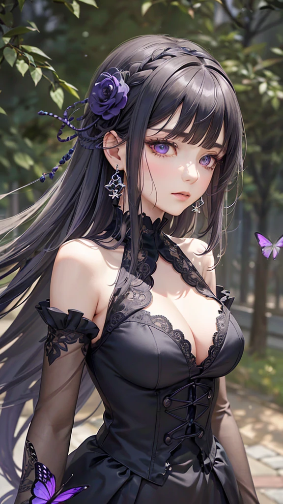 4K highest image, highest quality image of a beautiful and detailed illustration of a gothic-style female character in Japanese anime art. She has long silver hair with realistic texture and shine, each strand finely detailed, showing natural flow and movement. She wears black and purple ribbons and floral decorations in her hair, enhancing her gothic look. She is looking back over her shoulder, creating a poignant and ethereal atmosphere. Her expression is calm and mysterious, with deep purple eyes and long eyelashes, beautifully shaded around her eyes. She wears a black gothic dress with luxurious embellishments, showing the texture and light reflections of the fabric realistically. The dress features lace and frills with intricate patterns, especially detailed around the neckline and cuffs. She accessorizes with large purple earrings and a black choker. The background features a fantasy-like atmosphere with black and purple tones, butterflies, and floating flowers, creating an ethereal ambiance. The lighting comes from behind her, casting beautiful highlights on her hair and dress, emphasizing contrast and three-dimensionality. The overall style emphasizes Japanese anime art with a delicate and transient feel, making the artwork visually captivating.

