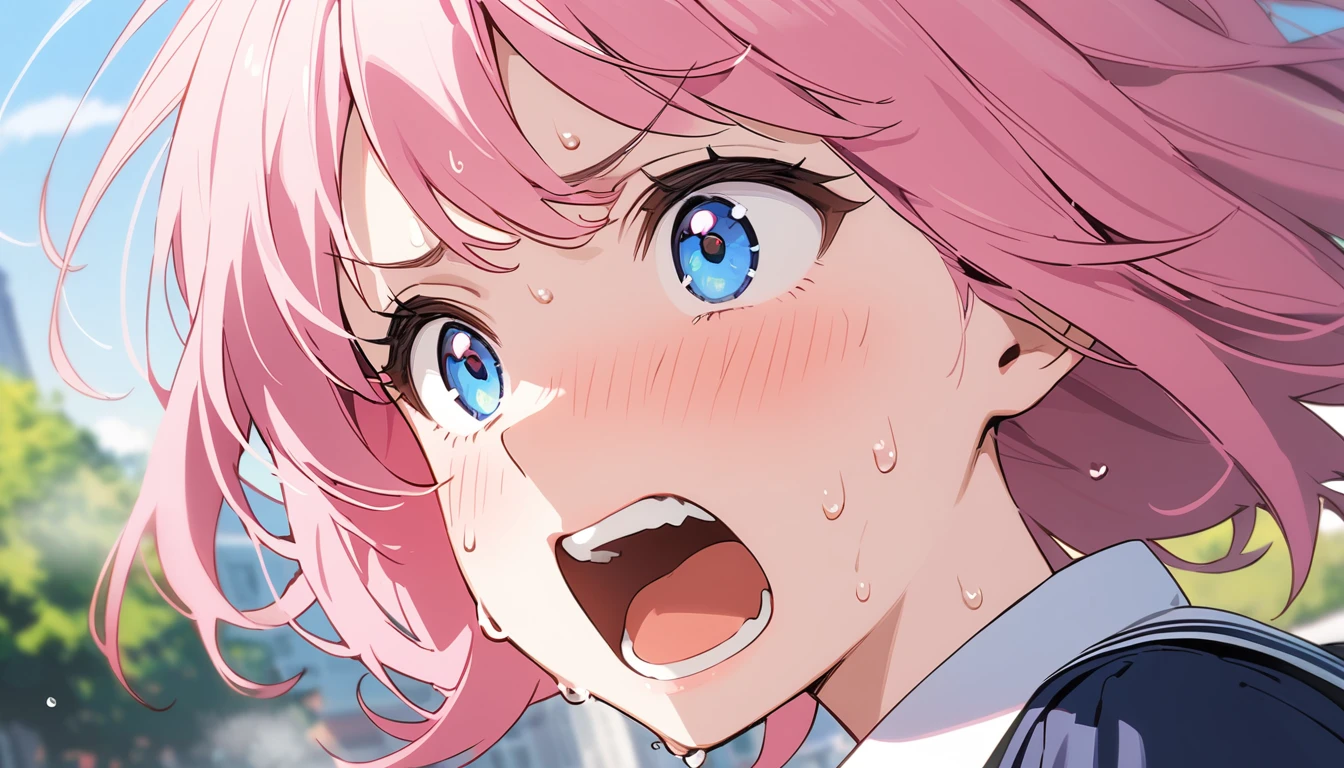 (1 girl),(Best Picture Quality, 8K, Masterpiece:1.3), (high school student:1.5), (pink lob hair), (bob hair), (slant skyblue eyes), ((school uniform, white short simple sleeve shirt, darkblue skirt, pink tie)), (super clear:1.5), (glistening skin:1.1),(pale skin:1.1), (looking ahead:1.3), ((from side:1.3)),(running through the beautiful scenery of the city alleys in the morning), (running:1.3),(panicking),(sweat:1.3),(steam:1.2),((extreme close up face))