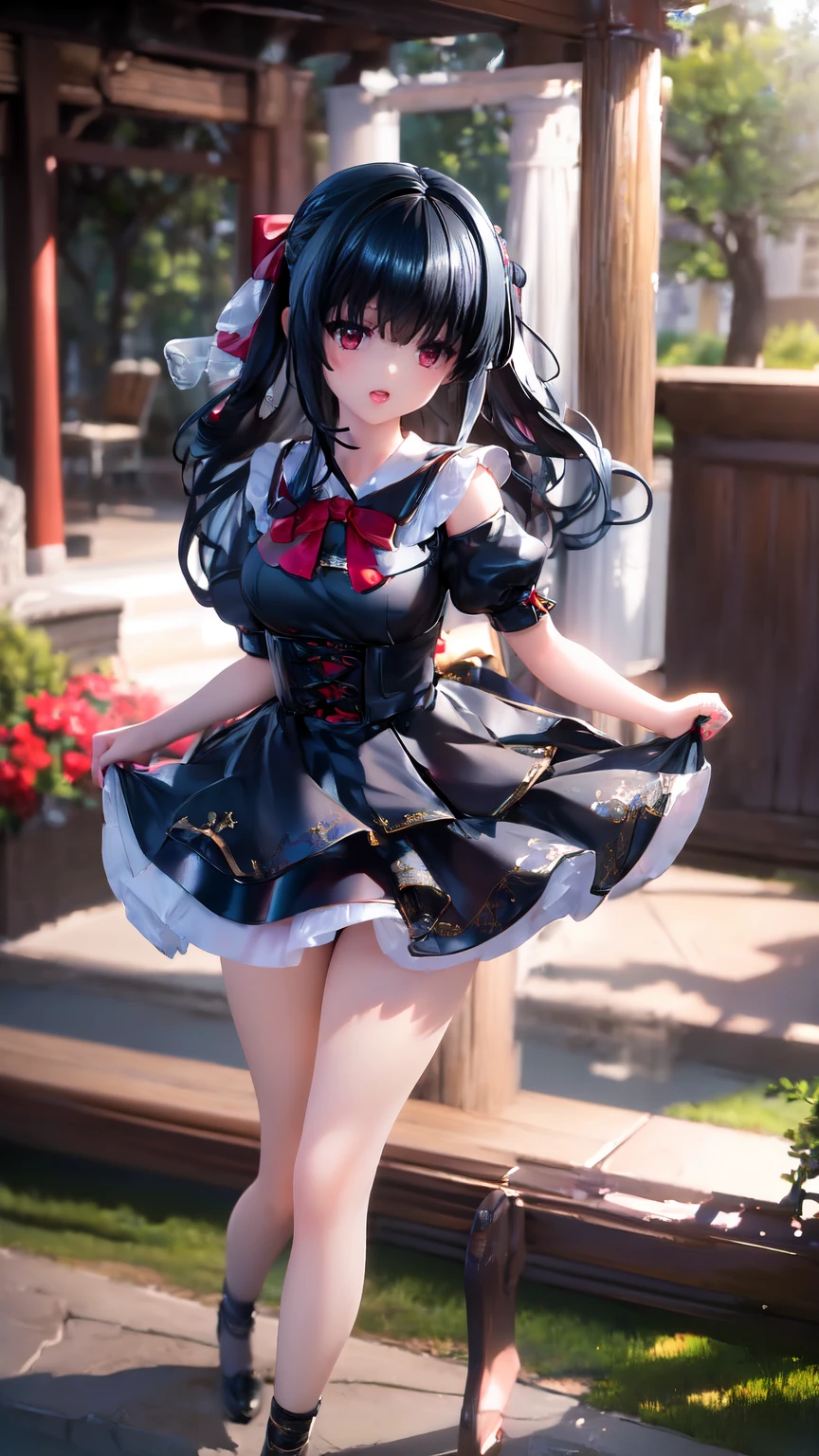 masterpiece, Highest quality, Very detailed, High resolution, Very detailedなCG, Face Focus, One Girl, Early s, ((Blue-black hair and red eyes)), , Wear a black dress, Black check skirt, bangs, Shillong Hair, bow, Hair bow, Red ribbon, Laughter, Bobcut, Portraiture,