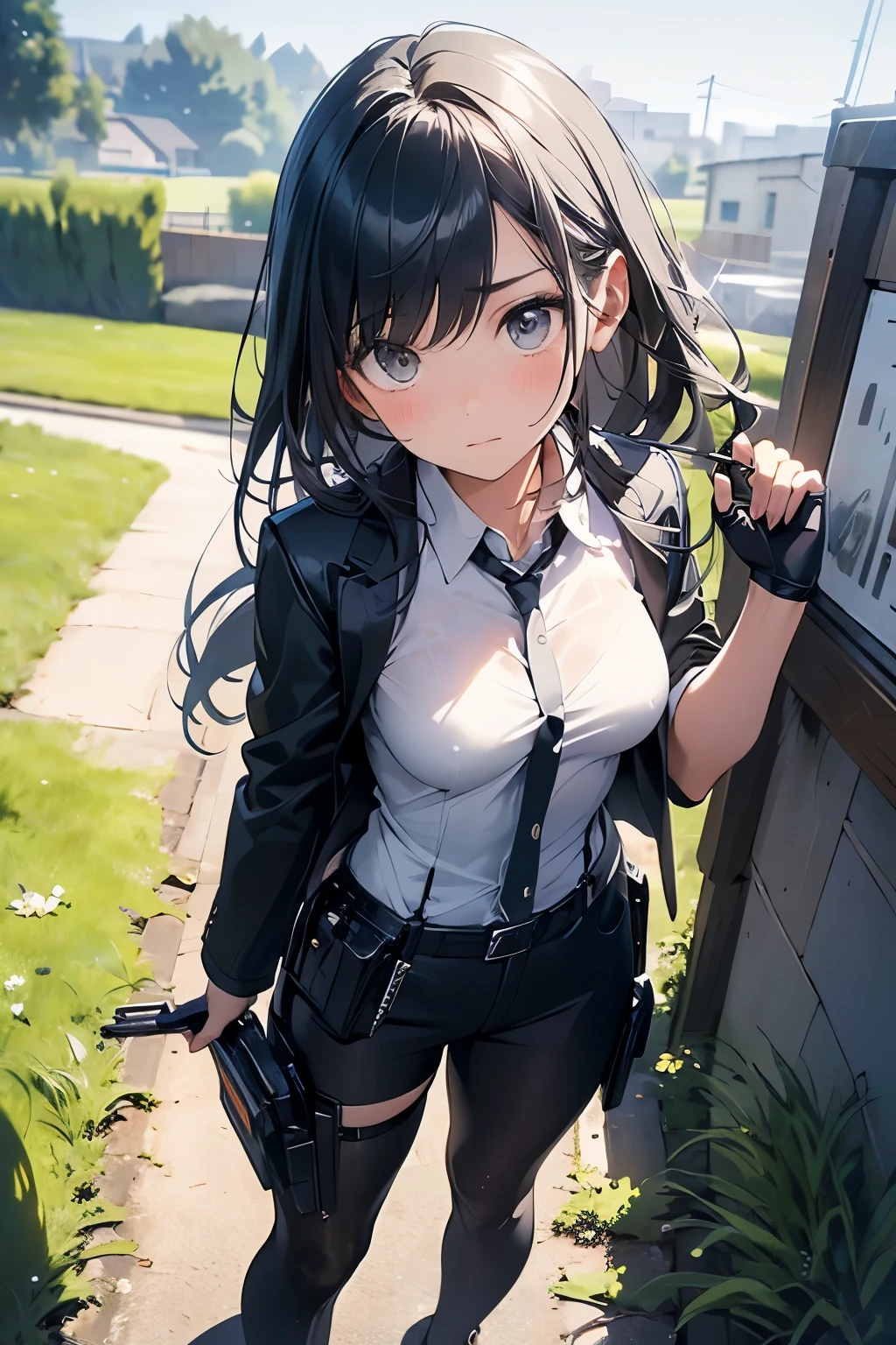 Highest quality, masterpiece, Ultra-high resolution, (realism: 1.4), Oil painting style, Cinema Lighting, An endless grassland dotted with a few houses, I stood on the empty asphalt road and looked at it., Fairy Mountain々was shrouded in mist, And the suspenders with the cranes flying Moderate breasts Small face holster Beautiful woman Lying in bed Looking up Sweat belt summer 脇Sweat Black Hole Gloves suit shirt Black jacket Black trousers Leg Links ズボンにbelt holster Nipples show through the top of clothes