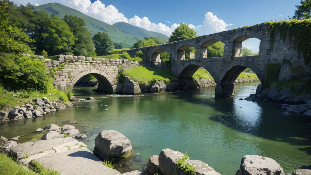 Hatsune Miku wearing an Irish dress。A stream and an old stone bridge are depicted.、It expresses a quiet and nostalgic atmosphere.。