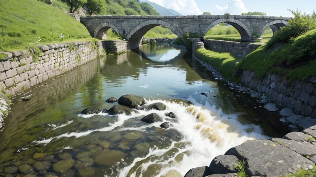 Hatsune Miku wearing an Irish dress。A stream and an old stone bridge are depicted.、It expresses a quiet and nostalgic atmosphere.。