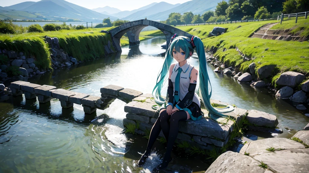 Hatsune Miku wearing an Irish dress。A stream and an old stone bridge are depicted.、It expresses a quiet and nostalgic atmosphere.。
