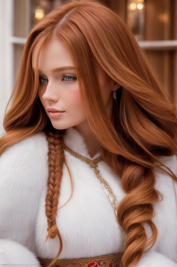 A gorgeous, pretty, shiny, kind-hearted, warm-hearted, sweet, polite, sensitive, friendly, charming, graceful, stylish, glamorous, classy, alluring, majestic, ethereal, angelical ginger long haired russian woman dressed in traditional winter costumes.