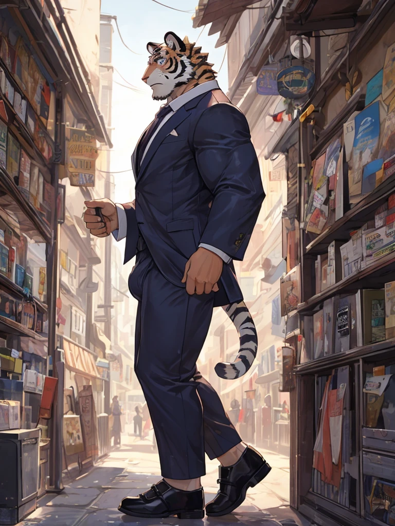 bara furry white tiger male wearing purple trench coat purple trousers and white dress shirt and necktie, loafers, very tall, very broad shoulders, narrow waist, muscular, massive pecs, long legs, huge bulge, beautiful eyes, purple eyes, muscular arms, full body, best quality, high quality, slight side view, silver earring on left ear, dead stare, cold expression