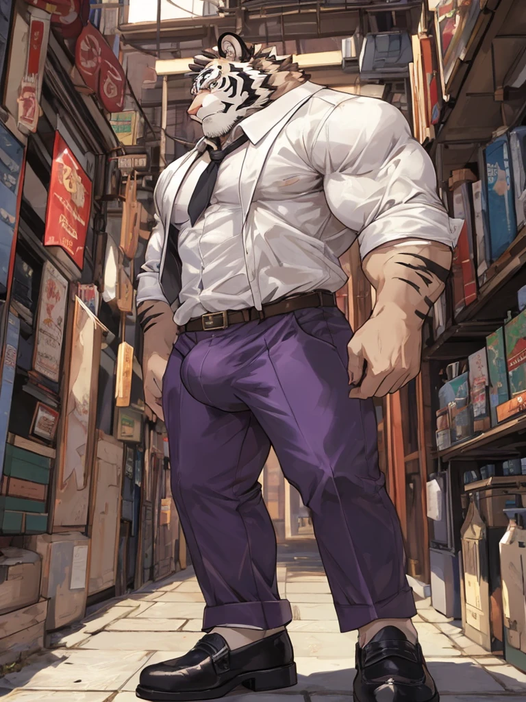 bara furry white tiger male wearing purple trench coat purple trousers and white dress shirt and necktie, loafers, very tall, very broad shoulders, narrow waist, muscular, massive pecs, long legs, huge bulge, beautiful eyes, purple eyes, muscular arms, full body, best quality, high quality, slight side view, silver earring on left ear, dead stare, cold expression