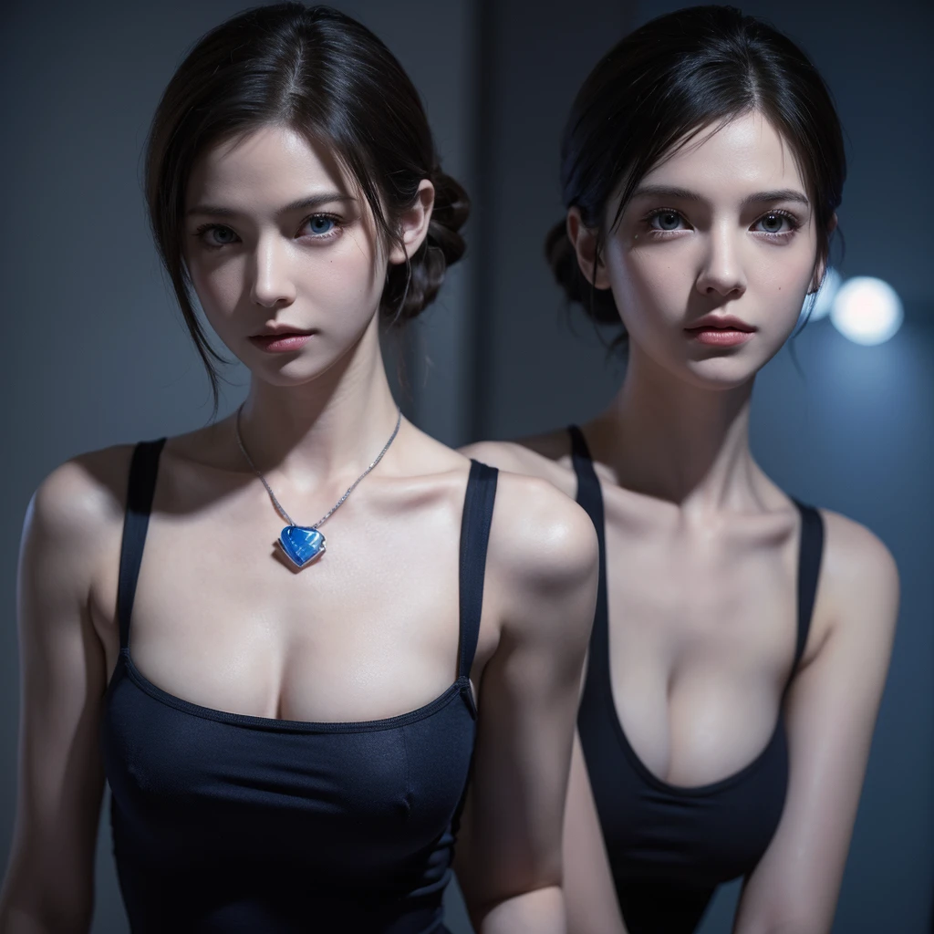 ((masterpiece:1.2, Highest quality:1.2, Absurd resolution, 32k, High resolution)), (Jill Valentine&#39;s ultra-realistic portrait:1.1, resident evil, Blonde), (Dark blue bodysuit, Sleeveless suit:1.1, Zippered bodysuit:1.15, open neck suit:1.15, waist gun belt:1.7, Sexy bra exposed from suit:1.3, Big cleavage:1.3, Huge breasts:1.3, Huge boobs:1.3, 超Huge boobs:1.3, Perfect slim body:1.2), (((anger, Fighting Pose:1.1, Inside an abandoned building, underground))),