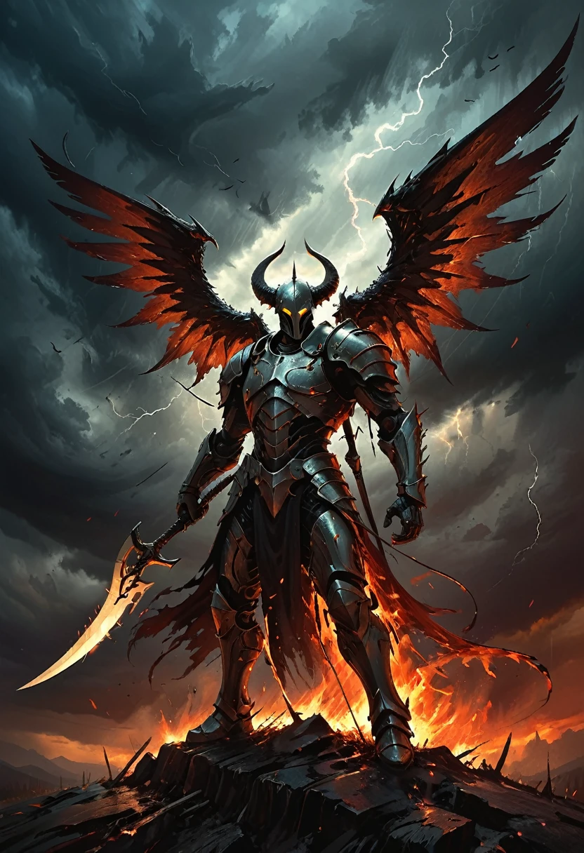 A formidable figure with wings ablaze, brandishing a scythe, standing amidst a stormy sky. The scythe glows with a dark energy, its blade sharp and curved, capturing the ferocity of the scene. Created Using: dynamic brushstrokes, chiaroscuro lighting, high contrast, foreboding atmosphere, detailed armor design, action pose, digital oil painting technique, hd quality, natural look 
