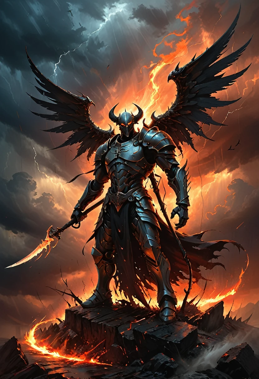 A formidable figure with wings ablaze, brandishing a scythe, standing amidst a stormy sky. The scythe glows with a dark energy, its blade sharp and curved, capturing the ferocity of the scene. Created Using: dynamic brushstrokes, chiaroscuro lighting, high contrast, foreboding atmosphere, detailed armor design, action pose, digital oil painting technique, hd quality, natural look 