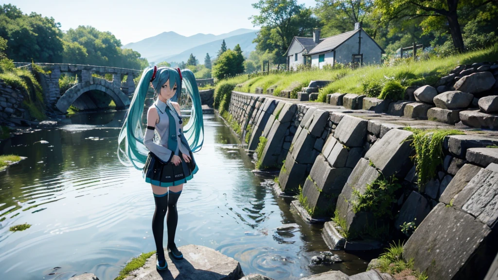 Hatsune Miku wearing an Irish dress。A stream and an old stone bridge are depicted.、It expresses a quiet and nostalgic atmosphere.。
