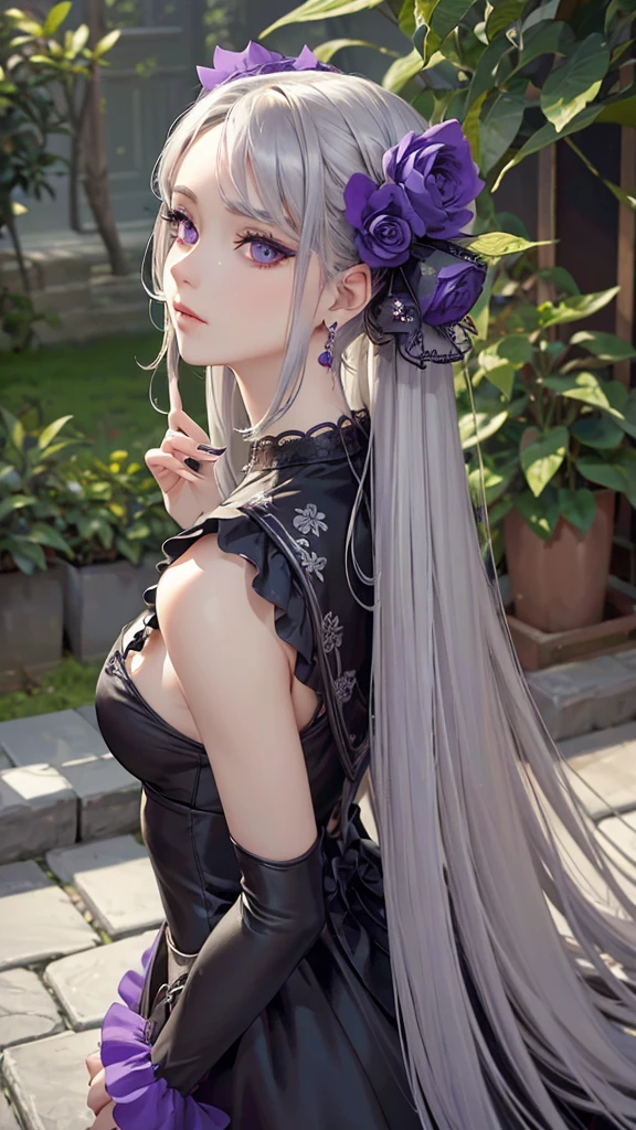 4K highest image, highest quality image of a beautiful and detailed illustration of a gothic-style female character in Japanese anime art. She has long silver hair with realistic texture and shine, each strand finely detailed, showing natural flow and movement. She wears black and purple ribbons and floral decorations in her hair, enhancing her gothic look. She is looking back over her shoulder, creating a poignant and ethereal atmosphere. Her expression is calm and mysterious, with deep purple eyes and long eyelashes, beautifully shaded around her eyes. She wears a black gothic dress with luxurious embellishments, showing the texture and light reflections of the fabric realistically. The dress features lace and frills with intricate patterns, especially detailed around the neckline and cuffs. She accessorizes with large purple earrings and a black choker. The background features a fantasy-like atmosphere with black and purple tones, butterflies, and floating flowers, creating an ethereal ambiance. The lighting comes from behind her, casting beautiful highlights on her hair and dress, emphasizing contrast and three-dimensionality. The overall style emphasizes Japanese anime art with a delicate and transient feel, making the artwork visually captivating.