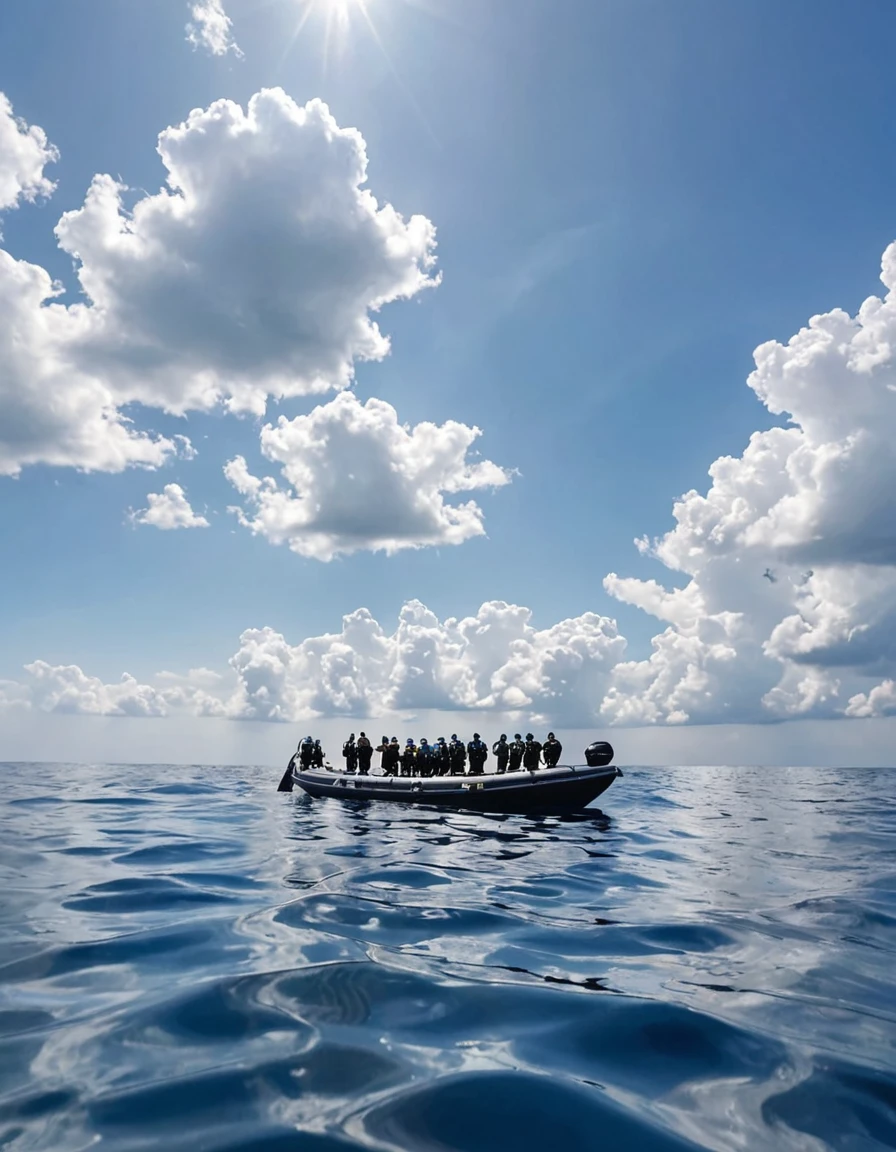 a photo capturing aboat of a group of diver, standing in the boat preparing for diving, the photo taken on ocean surface, low angle, blue, beautiful sky, white cloud, movie, morning, warm sunshine, natural lighting