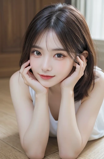 Realistic、Highest quality、Highest quality、masterpiece、Ultra-high resolution、RAW Photos、Realistic、Bright lighting、Face Light、Smooth Professional Lighting、Looking into the camera、alone、Adult female、Beautiful woman、Super Beauty、Realistic肌、Moisturized Skin、Realistic eyes and faces、Perfect model body shape、Beautiful Eyes、Big eyes、Inconspicuous tear bags、slim、Medium sized big breasts、Nipples are visible,Very good、Beautiful fingers、Very short hair、Black Hair、black eye、Looks happy、Cowboy Shot, (Both ears are hidden by hair),Beautiful attention to detail, Full body portrait、(((Rest your elbows on the floor)))、Knees on the floor