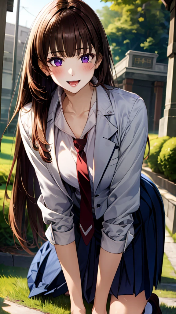 (masterpiece:1.3, top-quality, ultra high res, ultra detailed), (realistic, photorealistic:1.4), beautiful illustration, perfect lighting, natural lighting, colorful, depth of fields,
beautiful detailed hair, beautiful detailed face, beautiful detailed eyes, beautiful clavicle, beautiful body, beautiful chest, beautiful thigh, beautiful legs, beautiful fingers,
looking at viewer, 1 girl, japanese, high school girl, perfect face, (perfect anatomy, anatomically correct), cute and symmetrical face, babyface, , shiny skin,
(long hair:1.5, straight hair:1.4, purple brown hair), blunt bangs, purple eyes, long eye lasher, (medium breasts), slender,
(((navy) blazer, collared white shirt, navy pleated skirt, dark red tie)), navy school socks, ,
(beautiful scenery), evening, (school gate), standing, call on phone, (seductive smile, open mouth), One large dog on all fours, a girl, in a grassy field, on all fours, the dog is holding the woman from behind, and they are mating with their hips close together.
The woman's face is bright red and flushed with embarrassment.